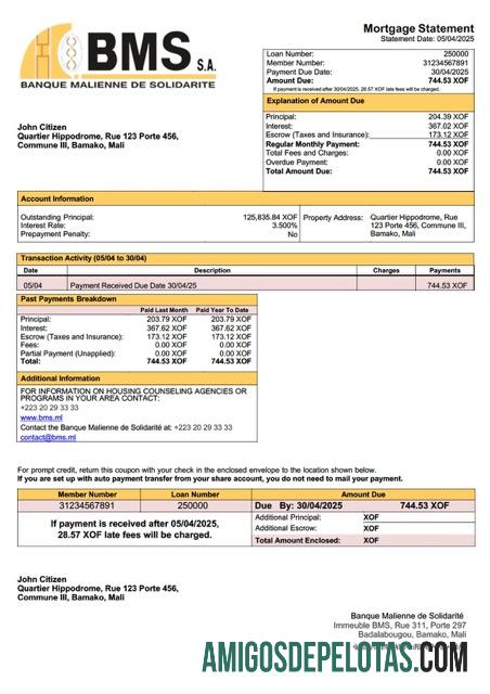 em branco Mali Banque Malienne De Solidarité (BMS) Declaração de hipoteca Word e modelo PDF